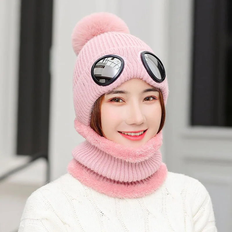 RUHAO зимняя вязаная шапка теплая шапочки Skullies Лыжная Шапка со Съемные очки для женщин и мужчин Кепка для занятий спортом на открытом воздухе
