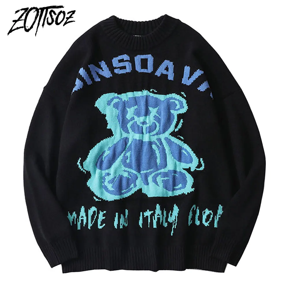 

ZOTTSOZ Sweaters Streetwear Hip Hop Casual Harajuku Men Women Gothic Fashion Knitted Bear Knitwear Jumpers Tops Pullover Coat