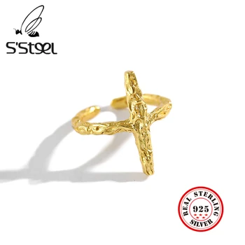 

S'STEEL Cross Ring 925 Sterling Silver For Women Korean Minimalist Party Gold Opening Rings Anillos Plata 925 Para Mujer Jewelry