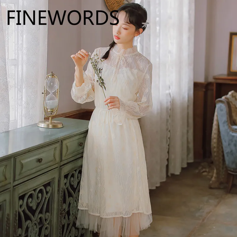 

FINEWORDS Lace Young Lolita Dress Long Sleeve Vintage Spring Mesh Dress Beige Knee Lenght A Line Party Dresses 2020 robe femme