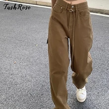 FASHROSE Fairy Grunge Brown 90s Vintage Baggy Jeans Denim High Waist Y2K Streetwear Solid Pants Women Loose Straight Trousers