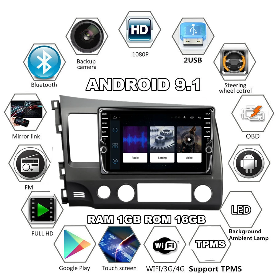 

2Din 9" Android 9.1 Stereo Radio GPS Navigation Wifi 3G 4G BT OBD For Honda Civic 2006 2007 2008 2009 2010 2011