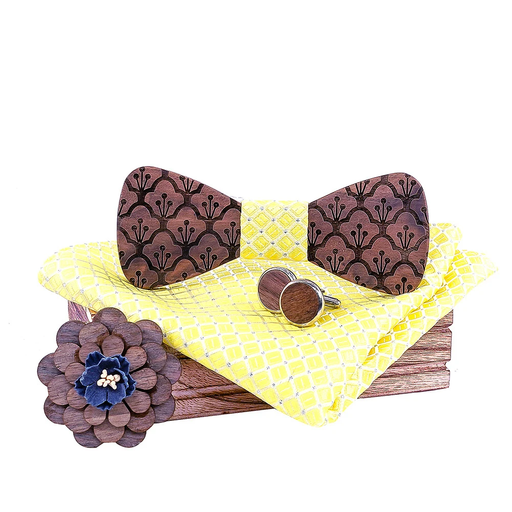 Wooden Bow Tie Men Set Square Scarf Cufflinks Brooch Party Stage Bow Tie Men's Accessories Logo Custom