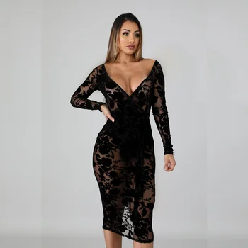 

Echoine Embroidery Flower Lace V-neck Midi Dress Long Sleeve Sexy Club Outfits Transparent Slim Skinny Evening Party Vestidos