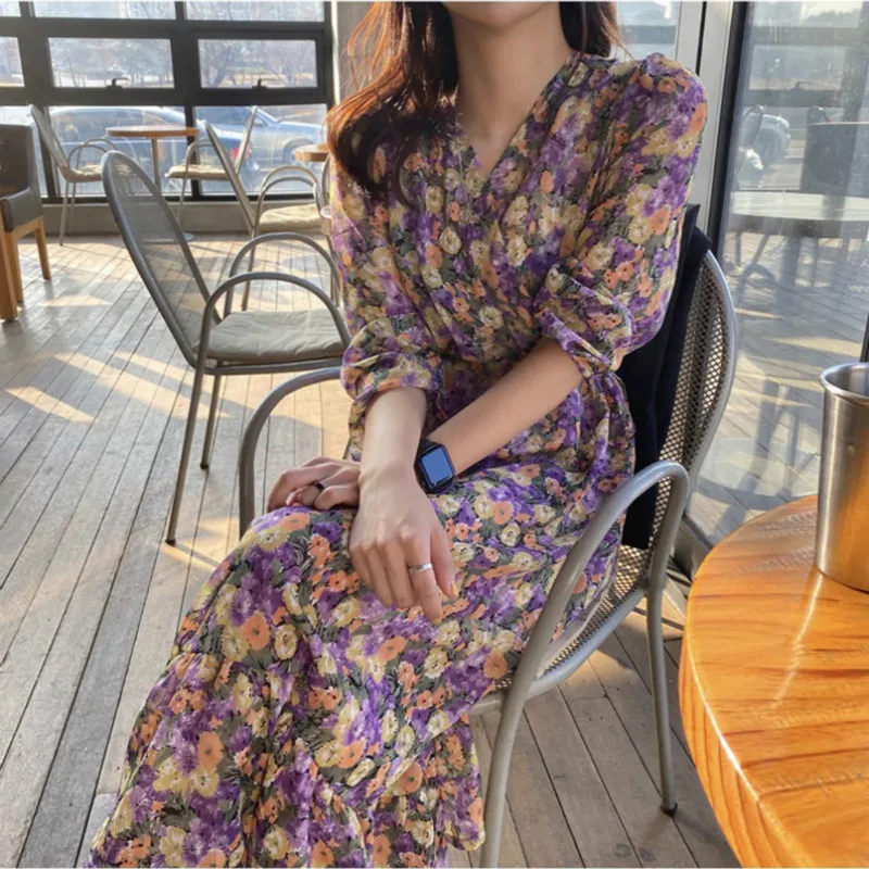 Tonglord Elegant Spring Summer Dress for Women Chic V-neck Floral High Waist Vintage Female ChiffonDress 2020 Vestidos Femme