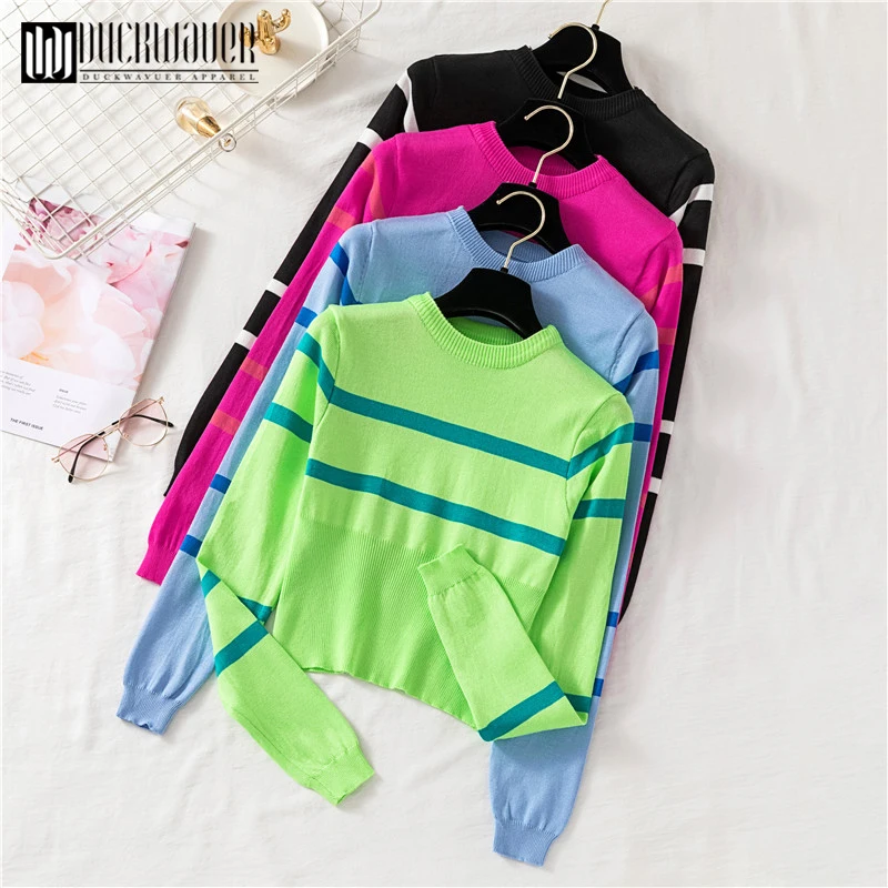 Pullovers Women Soft Autumn O-Neck Sweaters Chic Daily Tops Womens Pullover Sweet Student Striped Harajuku Knitted Loose Outwear | Женская