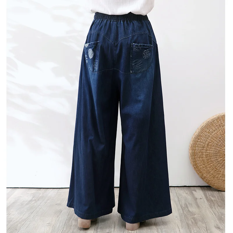 TIYIHAILEY Free Shipping Wide Leg Long Pants For Women Print Trousers Denim Jeans Elastic Waist Casual Pants With Pockets