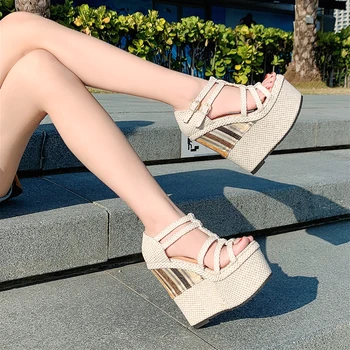 

2020 Ultra High Heel 12cm 14cm 16cm Wedge Heel Sandals Small Fish Mouth Thick Bottom Open Toe National Bohemian Women's Sandals