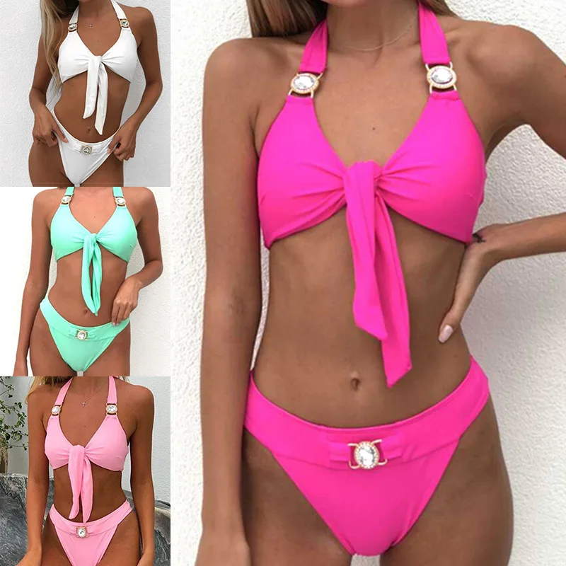

2020 New Style Solid Color Brick Bikini Sexy Bandage Lace-up Bathing Suit Diamond Set Split Type Swimwear Bikini