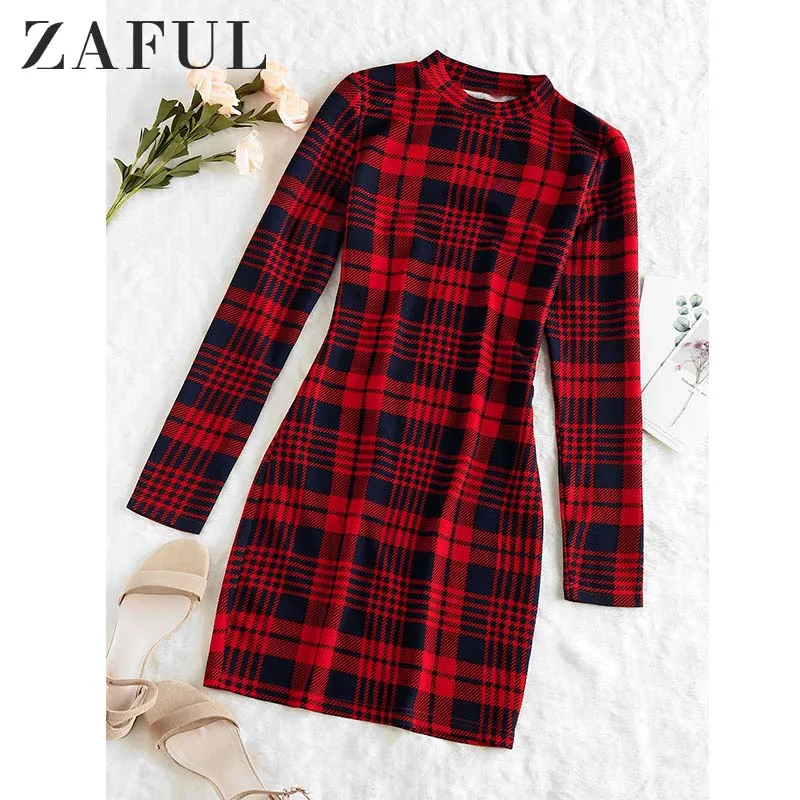 ZAFUL Plaid Dress Women Vintage Houndstooth Bodycon Sexy Mini Dress 2019 Winter Office Ladies Elegant Sheath Skinny Dress Femme