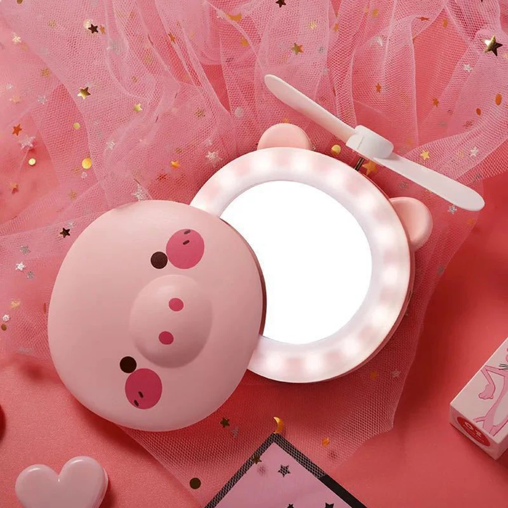 Розовый мультфильм Удобное зеркало портативный женщины симпатичное зеркало для макияжа светодиодный вентилятор девушки перевязочные материалы