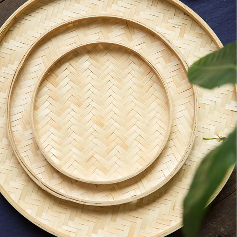 Hand-Woven Round Bamboo Sieve, Hand-painted Bamboo Raft, Dustpan, DIY Decorative Fruit Bread Basket, Kitchen Storage Tray