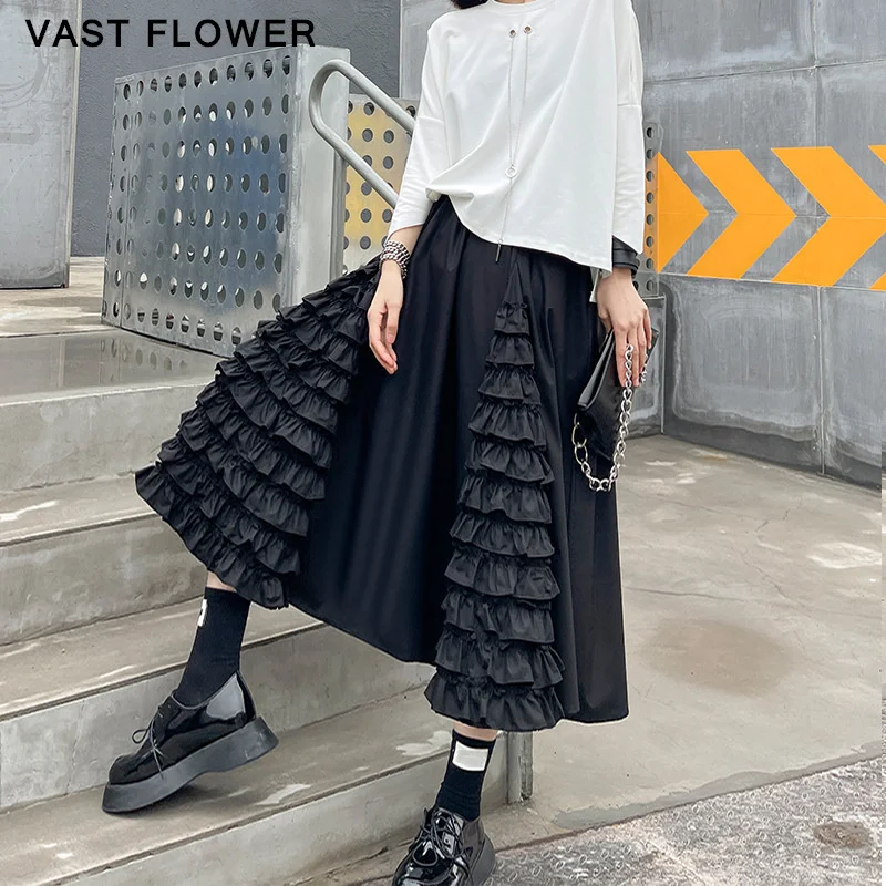 

Black High Waist Spliced Fungus Skirt Women New Loose Temperament Casual Midi A-Line Skirts Fashion Clothes Summer 2021
