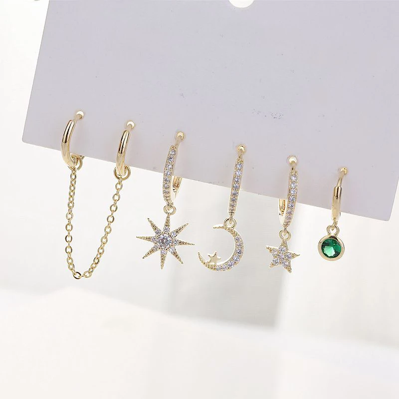 Высококачественные золотые женские сережки с подвесками набор микро украшенное кубическими камнями циркониевые серьги в виде Луны и звезды мотаться