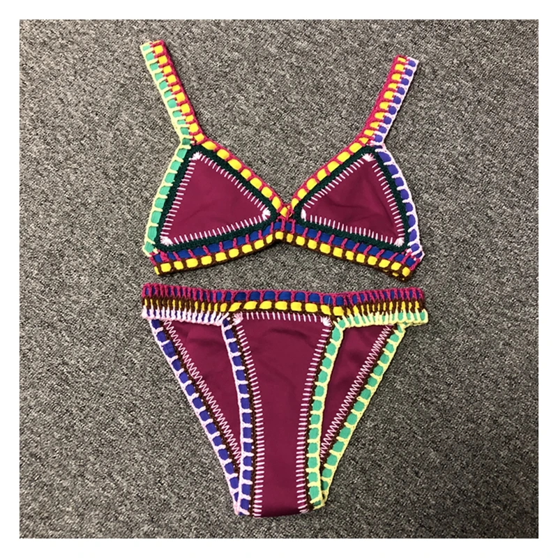 

Women Sexy Swimwear with Elastic Swimsuit Handmade Crochet Purplish Red Bikini Sets