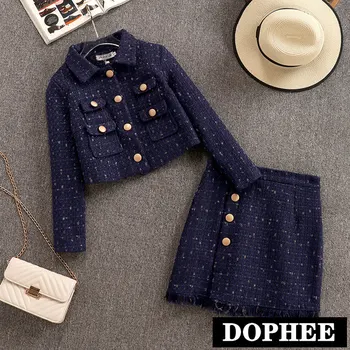 

New Autumn Clothes Women's Small Fragrance Coarse Tweed Coat + Short Button Skirt Two-piece Suit Female Woolen Skirt Set