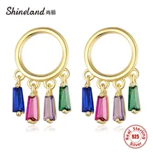 Shineland натуральная 925 пробы серебро Круглый Круг кисточкой Красочные Кристальные серьги для женщин золото Brincos подарок