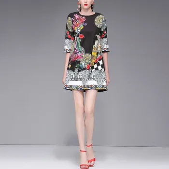 

Seifrmann Women Fashion Designer Loose Dress Half Sleeve Luxury Crystal Beading Floral Print Ladies Short Dresses vestidos 2020