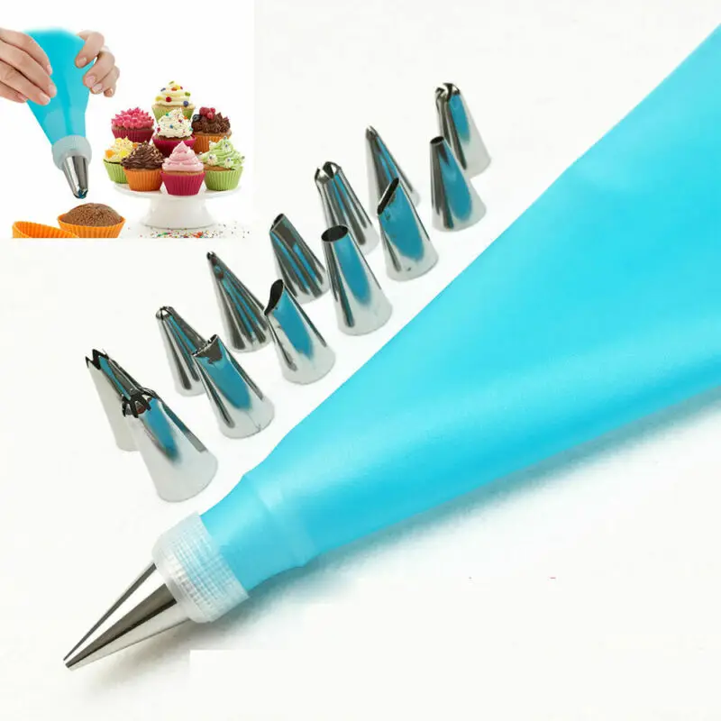 

Silicone Icing Piping Cream Pastry Bag 14Nozzle Set Cake Decorating Baking Tools