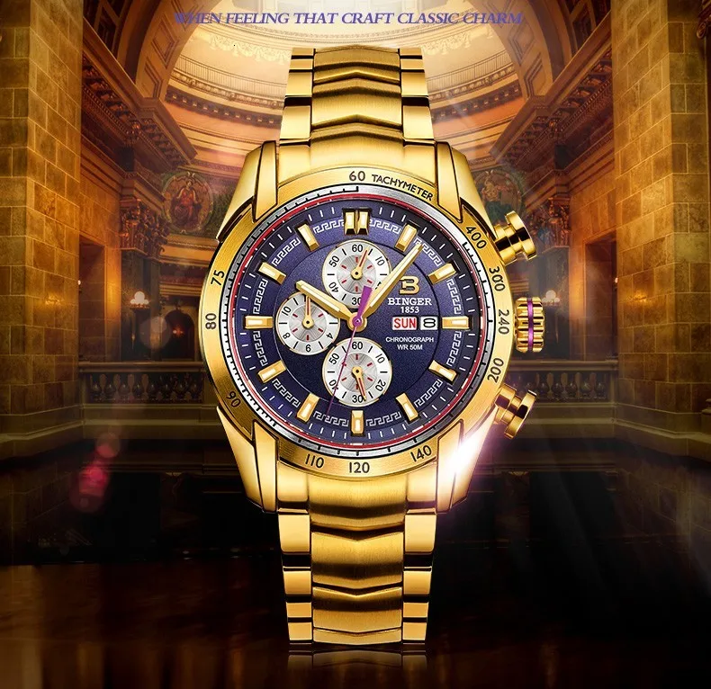 44 мм швейцарские спортивные часы с хронографом для плавания водонепроницаемые военные кварцевые наручные часы Бингер мужские часы relogio masculino