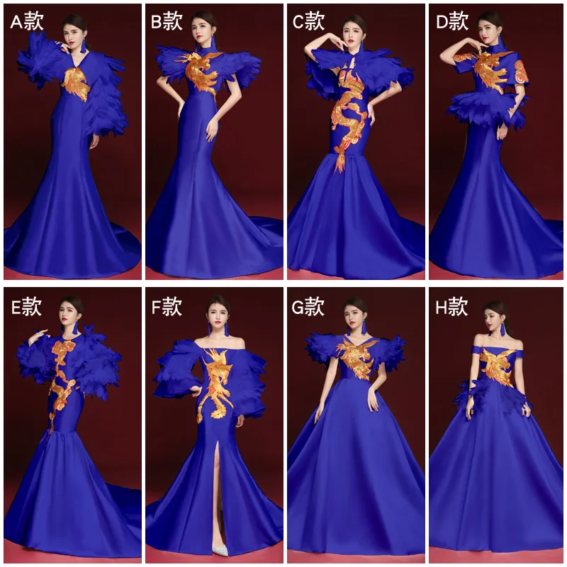 Синий шлейф сексуальный Cheongsam тонкий Qipao Vestidos азиатской невесты свадебные вечерние платья длинное платье