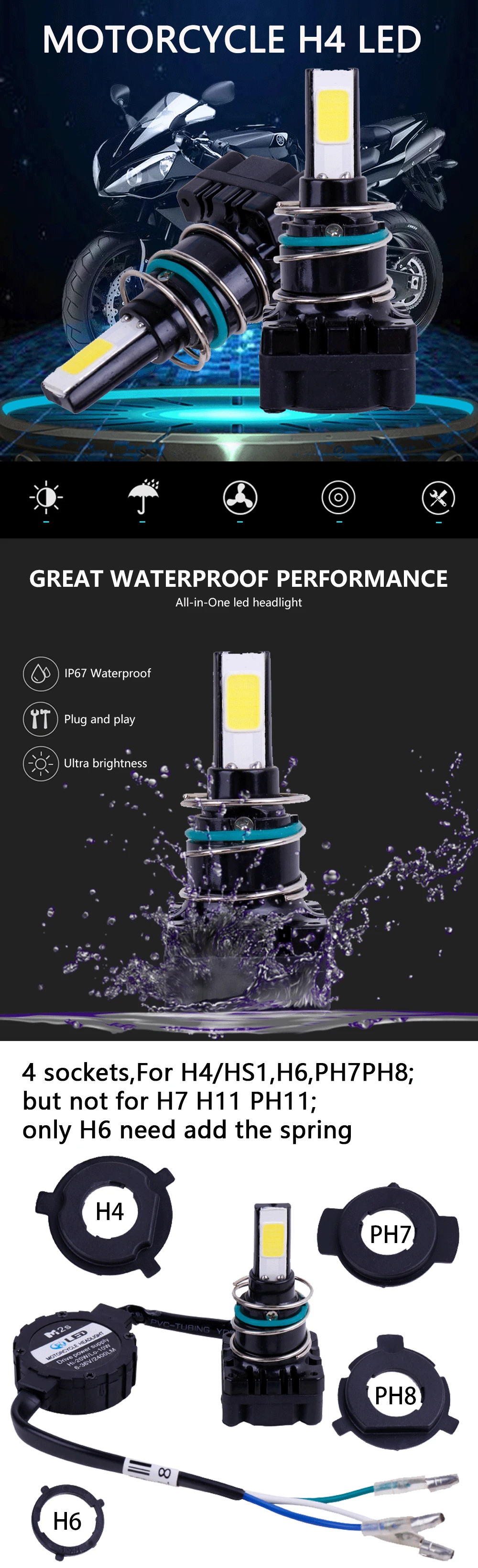 H4 HS1 H6 PH7 PH8 COB фара мотоцикла AC/DC 12V 6000K H4 фара для мотоцикла белая противотуманная лампа DRL Габаритные огни
