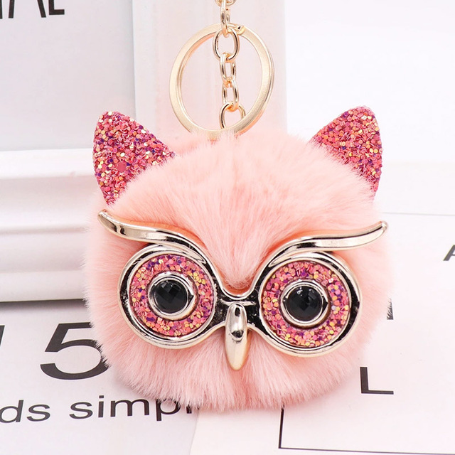 Cute Sequin Ears Owl Keychain Fluffy Artificial Rabbit Hairy Pom-pom Keychain Women's Shoulder Bag Owl Pendant Key Ring