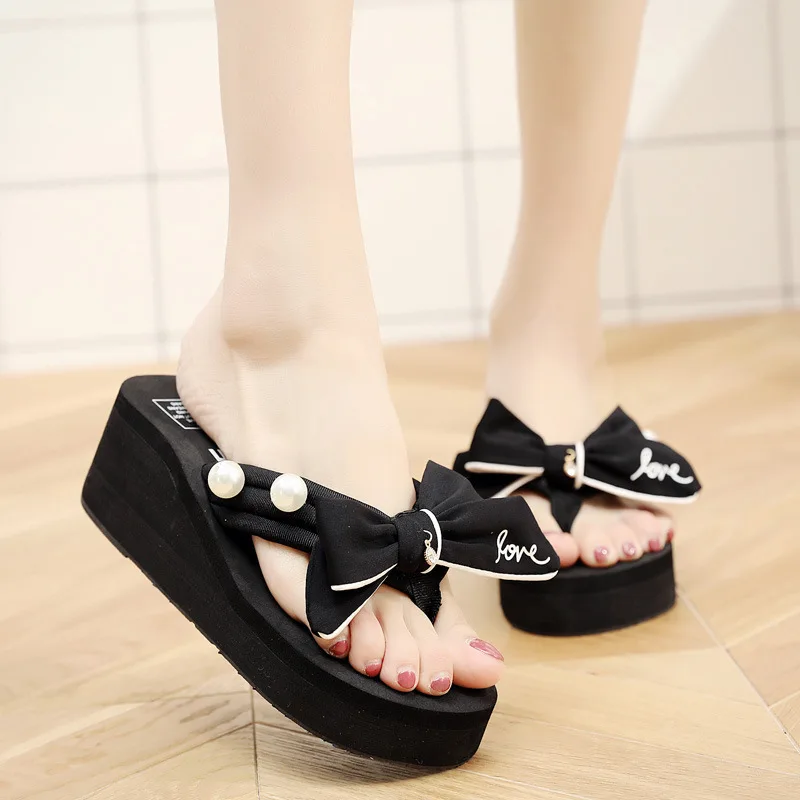 

Flash Jiao 2018 New Style Summer 6 Centimeter Flip-flops Handmade Sewing Bow Seaside Holiday Beach Flip-flops
