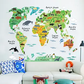 

Colorful Animal World Map Wall Sticker Cartoon Map Removable PVC Wallpaper Children Bedroom Decals Posters Home Decoration
