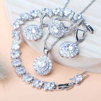

Round Zircon Women Bridal Jewelry Sets 925 Sterling Silver Wedding Jewelry Bracelets Pendant Rings Earrings Necklaces Set