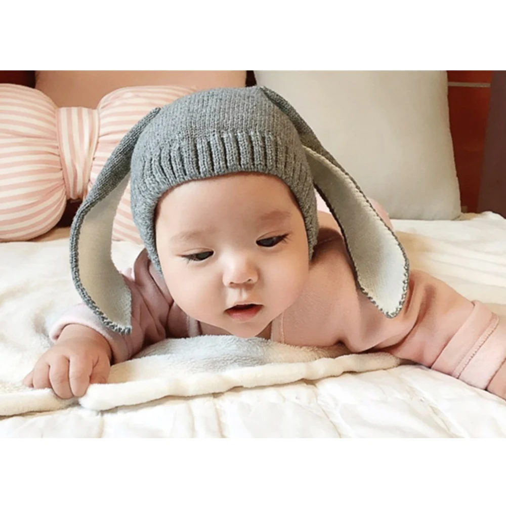 

Hats & Caps Knit Cap children 3-10 Months Spring Autumn Winter Toddler Infant Baby Long Rabbit Ear Protection Knitted Wool Baby