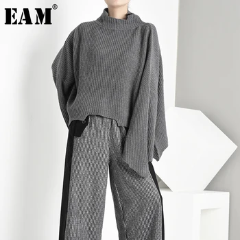 

[EAM] Asymmetrical Big Size Knitting Sweater Loose Fit High Collar Long Sleeve Women New Fashion Spring Autumn 2020 1A6920