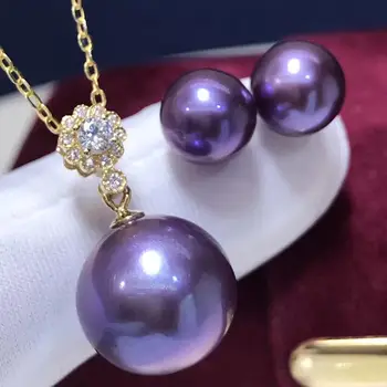 

D317 Fine Jewelry 18K Gold 7-12mm Natural Fresh Water Purple Pearls Female's Jewelry Sets for Women FIne Jewelry Sets
