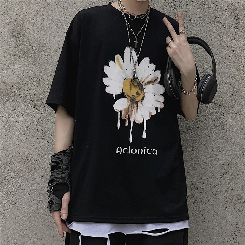 

Japanese style Men Cotton Tshirt Tops Tees Graffiti Print Florals Loose High Street Trend T-Shirts Hip Hop Camisetas Hombre