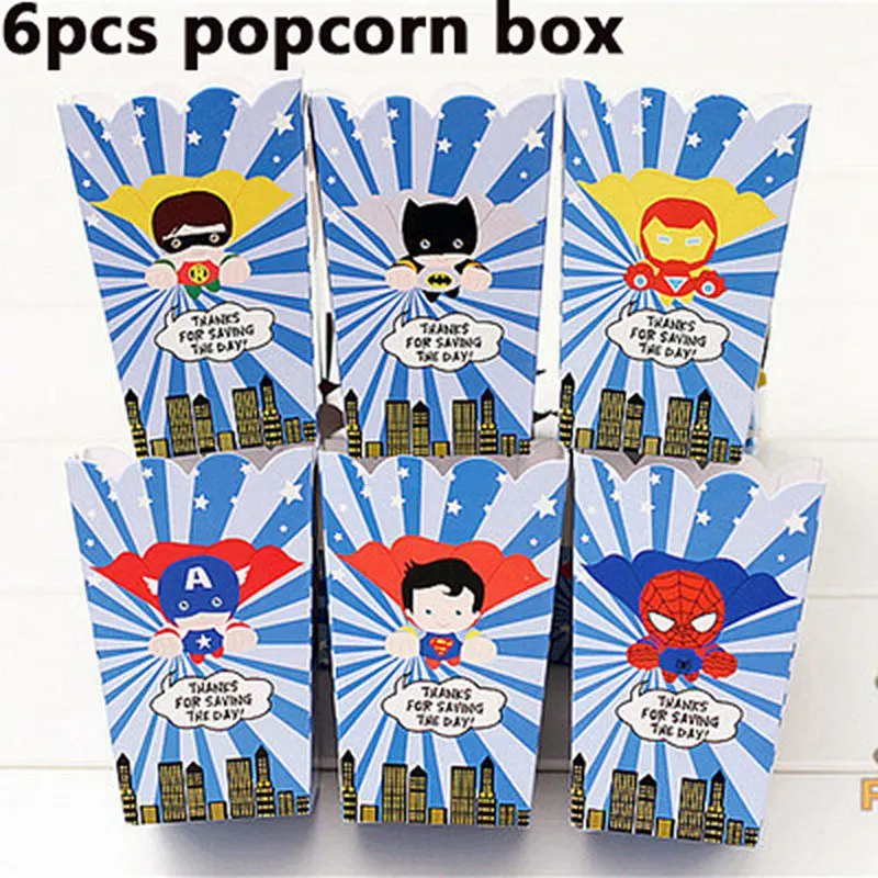 6pcs popcorn box Супергерой паук человек вечерние чаша-контейнер емкость для трубочек салфетки коробка конфет баннер детский день рождения, детский душ вечерние Декор поставки - Цвет: 6pcs popcorn box