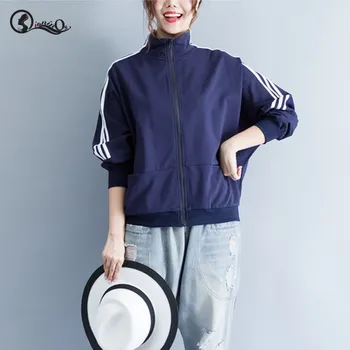 

Autumn New Striped Coat Women Baseball Striped Uniform Jacket Korean Style Stand Collar Long Sleeve Female Thick Coat