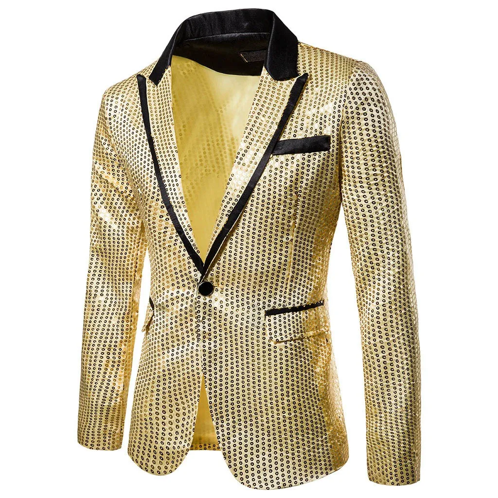 Mens Sequins Patchwork Suit Blazer Jacket Brand New Male Slim DJ Club Stage One Button Blazer Man Formal Wedding Clothes