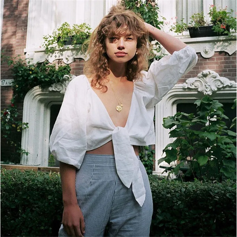 

Women Sexy Half Sleeves Shirt Solid Color Deep V-neck Puff Sleeve Front Open Bowknot Bandage Loose Crop Top