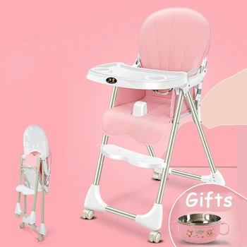 

Baby Feeding Chair with Wheels Moveable Portable Booster Seat Folding High Chair with PU Covers for Babies Dinner Infant Seat
