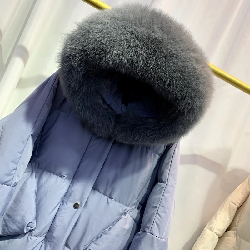 Blue Осенне-зимняя женская парка пуховик куртка с лисой Мужская куртка с капюшоном 80% утиный пух женская зимняя Свободная верхняя одежда LF9093 - Цвет: Blue