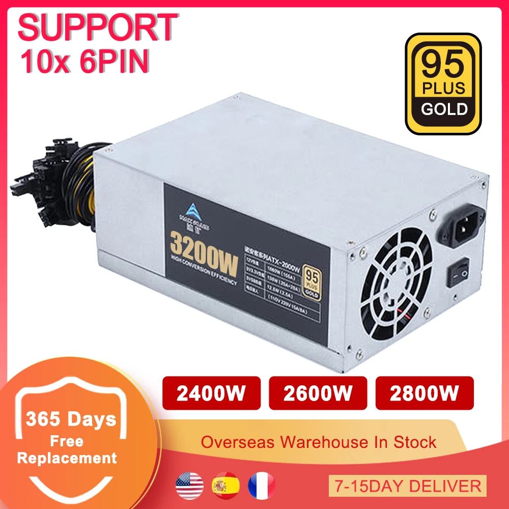 160-240 В 2400 Вт 2600 3200 Майнинг источник питания Блок 2U 10x 6Pin графическая карта для BTC