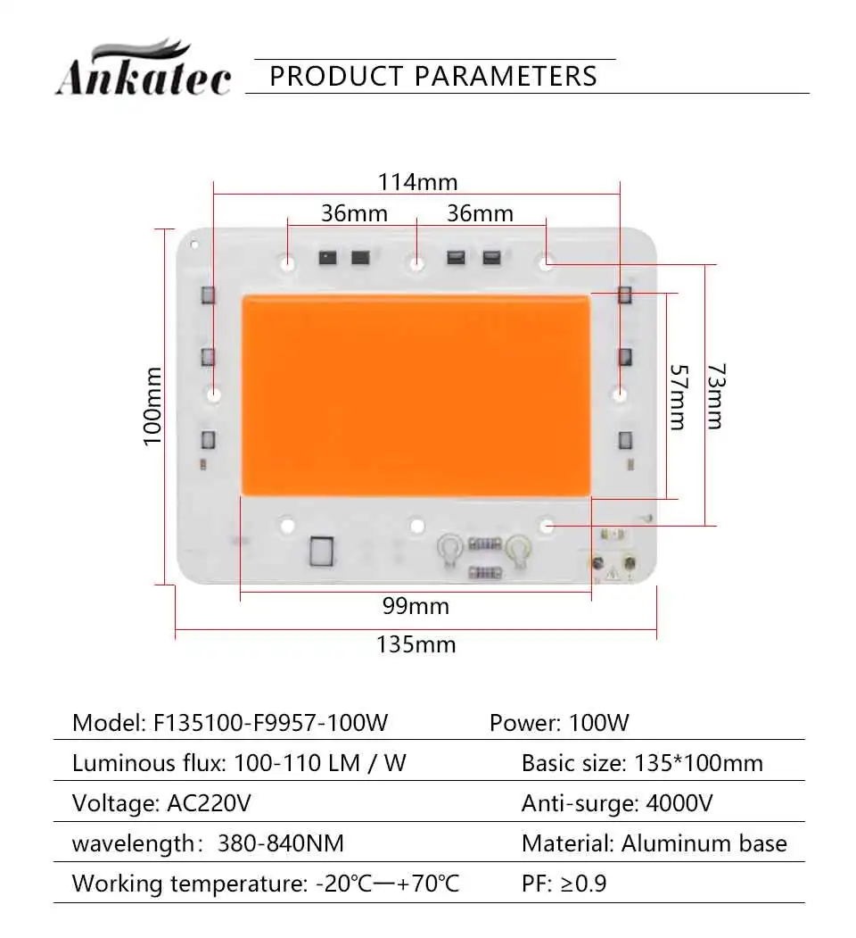 Led para cultivo, espectro completo, chip cob,