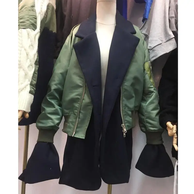 Getвесеннее Женское пальто в стиле пэчворк с расклешенными рукавами, длинное пальто, необычная Женская куртка, имитация двух длинных женских верхней одежды, осенняя Новинка - Цвет: army green