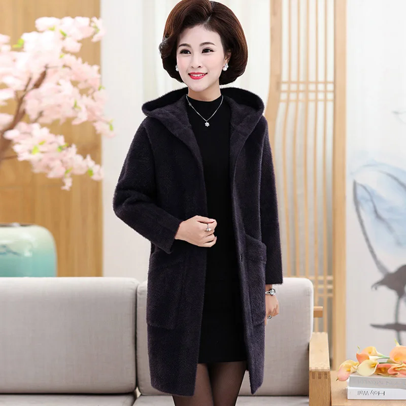 Свитер женский большой размер зимнее вязаное пальто Светодиодная лампа направленного света среднего возраста с капюшоном длинное пальто женское пальто AN306 - Цвет: dark purple
