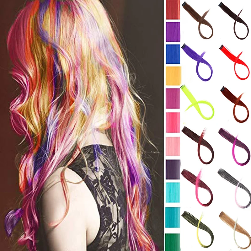 

24" Long Straight Fake Colored Hair Extensions Clip In Highlight Rainbow Hair Streak Pink Synthetic Hair Strands on Clips BUQI