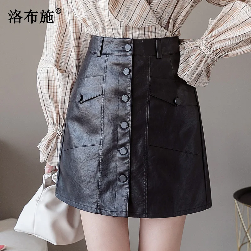 

Leather Skirt Women's 2019 Autumn And Winter New Style Short Skirt Decoration Button Large Pocket A- line Skirt Sheath Skirt Lin