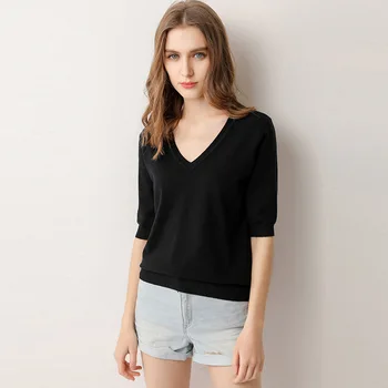 

2020 European and American women's V-neck loose knit bottoming T-shirt 1199