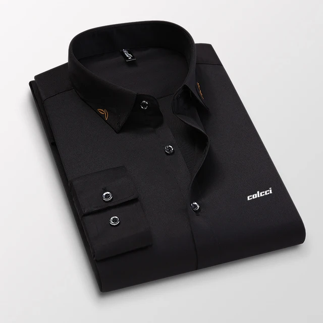Silky Casual 2021Men's Shirts Slim Fit Office Men's Business Shirts Silk Cotton No Pilling Men's Office Shirts black-1701