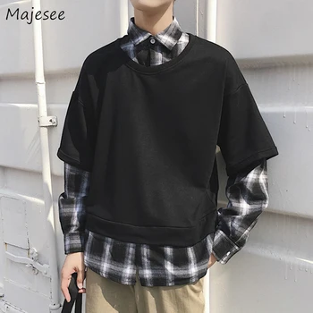 

Men Shirts Fake Two Pieces Chic Pullover All-match Student Plaid Mens Long Sleeve Turn-down Collar Retro BF Harajuku Couples