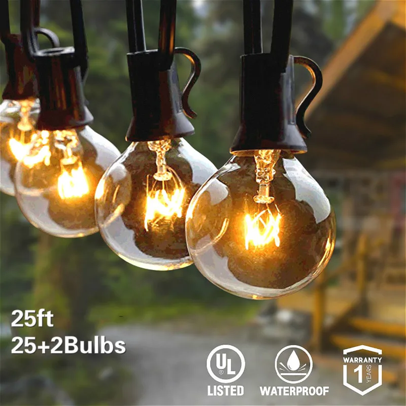 Outdoor Patio string light 25Ft 30ft 50ft G40 Clear Bulbs Garland Waterproof Fairy Garland Lights Christmas Party Garden Wedding
